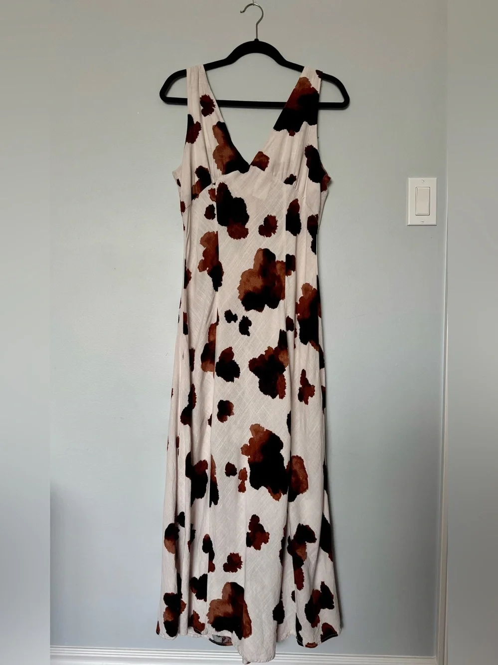 Paper Heart Linen Blend Midi Dress Size L Ivory Brown Abstract Print - Picture 2 of 8